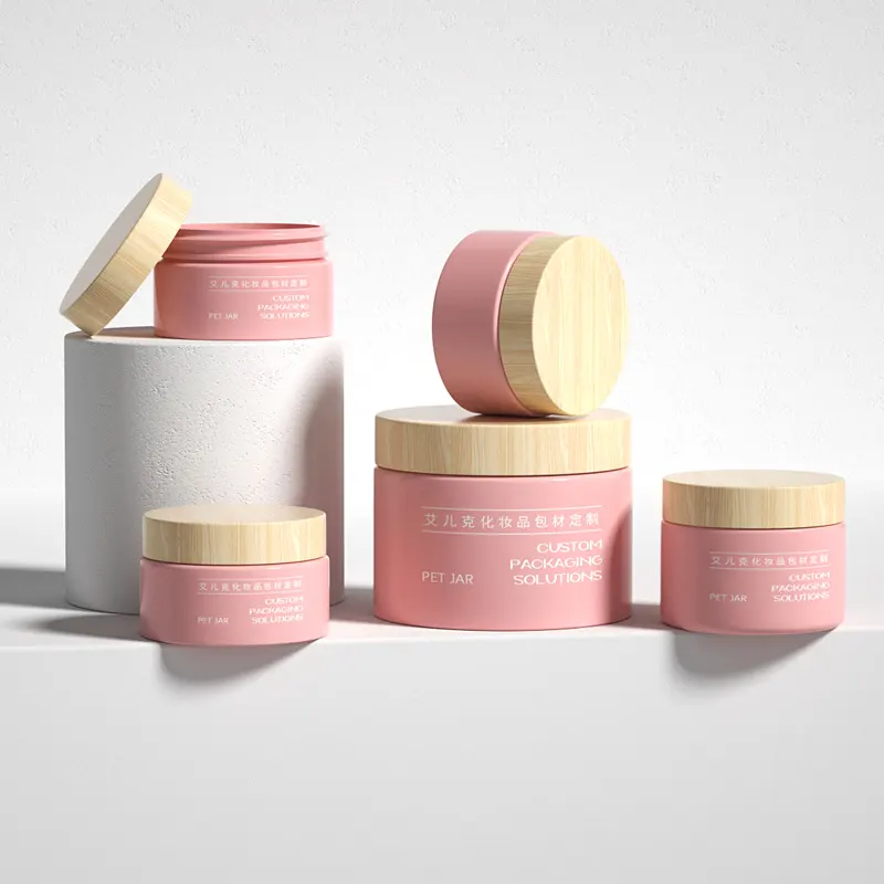 Natural Body Cream Scrub Jars Bambu tampa rosa PET Plastic Cosmetic Jar com tampa 110g 150g 500g