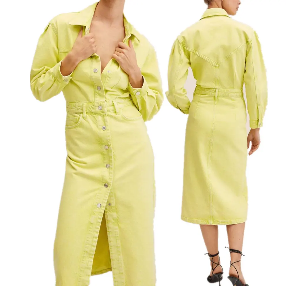 Womens Vintage Long Sleeve garment dye Jean Denim Long Tunic Tops Blouse Denim Shift Dress