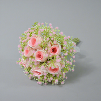 Bunga Artifisial Grosir untuk Pernikahan, Mawar dan Babys Breath, Buket Bunga Buatan Ikat Tangan, Hari Valentine