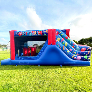 Castillo inflable comercial para fiestas infantiles con pista de obstáculos y tobogán. - Product Image 1