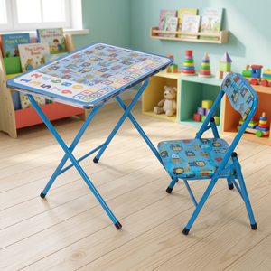 Set Tavolo e Sedie Moderno per Bambini Sibilla, Decorazione Robot Blu/Azzurro, Pieghevole per Camera da Letto o Scuola, in Legno Massello e Metallo - Product Image 2