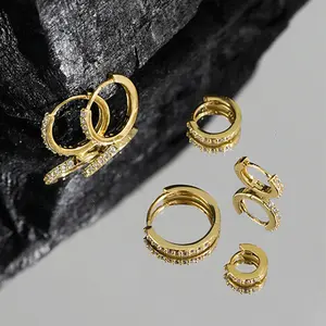 FUAMAY 925 Sterling Silver Gold Plated Multi Size Crystal Tiny Micro Pave Small Gold Hoop Huggie Baby Earrings