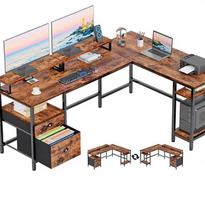 Table d'ordinateur pliable en forme de L avec support d'écran, étagère, cadre en bois, gain de place, tiroir à dossiers, montage facile, rangement pour salon - Product Image 4