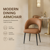 Fauteuil de salle à manger moderne à dossier ouvert et incurvé, assise en cuir rembourrée avec pieds en métal pour restaurant, café, hôtel