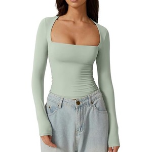 Top da donna a maniche lunghe con scollo quadrato, t-shirt a costine aderente, tinta unita, basic, snellente, casual, crop top Y2K - Product Image 6