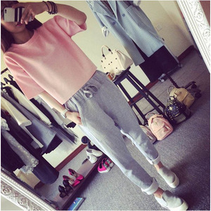 Pink T-Shirt Gray Harem Pants Two-Piece Set Women Casual Knitted Sportswear Short Sleeve Solid Color Splicing Style - Product Image 3