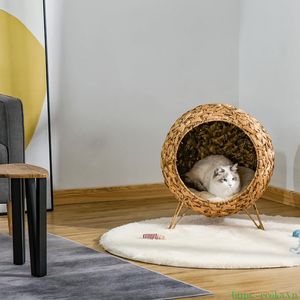 Handmade Natural Water Hyacinth Woven Cat <b>Bed</b> Modern Elevated Sphere Pet House with Washable Soft <b>Cushion</b> for Cats - Product Image 6