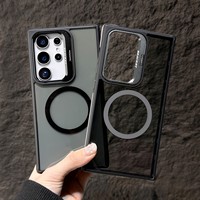Étui de téléphone magnétique transparent avec support pour Samsung S25 S24 S23 Ultra, compatible avec la charge sans fil, coque de protection avec support d'objectif