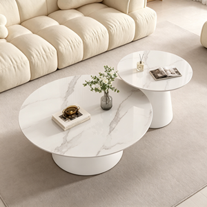 Ensemble de tables basses rondes modernes blanches, plateau en marbre, base solide, luxe léger, meubles multifonctionnels pour salon - Product Image 1