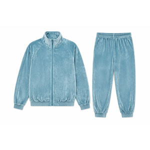 Ensemble de survêtement homme 2 pièces streetwear en velours bleu poussière personnalisé, avec fermeture éclair intégrale, manches raglan, col montant et poignets côtelés - Product Image 3