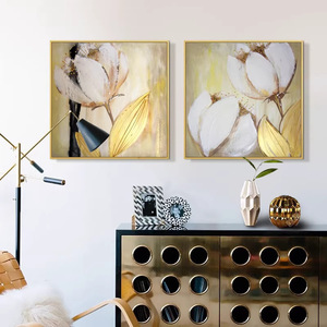 Hand Painted Abstract Magnolia Oil Painting Set 2 Panels Metal <b>Frame</b> Nordic Style Living Room Wall Art Decor - Product Image 2