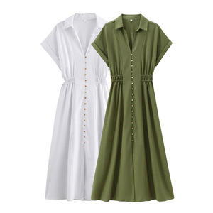Vestido Midi de Lino y Algodón con Cuello y Botones para Mujer, Cintura Elástica, Manga Corta, Casual, Ecológico, Otoño Invierno - Product Image 1