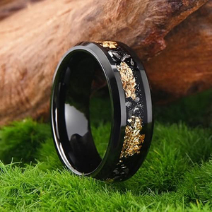 8mm & 6mm Black Tungsten Carbide Wedding Promise Anel Incrustado com Gold Foil Meteorito Fragmentos para Casais Noivado Festa - Product Image 2