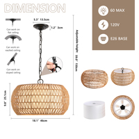 Luminaire suspendu de style farmhouse de 18 pouces avec hauteur réglable, luminaire suspendu en corde de jute tressée de style bohème (ampoule non incluse)