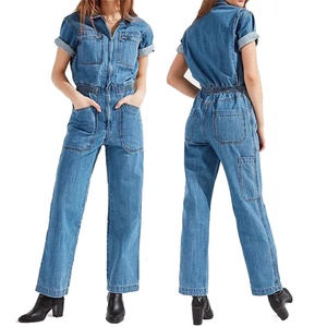 จั๊มสูทลำลองแขนสั้นผ้ายีนส์สีน้ำเงินสำหรับผู้หญิง สวมใส่ทำงานได้ เอวยางยืด ติดซิป จั๊มสูทขายาวสำหรับสุภาพสตรี - Product Image 6