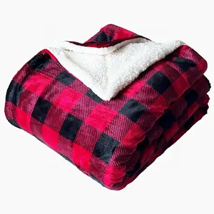 Red black buffalo plaid super soft fleece sherpa blanket printed christmas fleece blanket