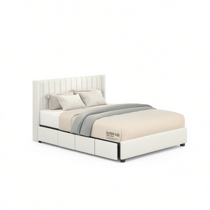 Cama Queen Size Tapizada en Color Marfil con 4 Cajones, Cabecera Acolchada, Soporte de Láminas de Madera, Cama Moderna y Suave - Product Image 1