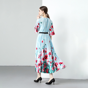 Boutique 2024 colección de otoño nuevo vestido bohemio de moda cuello impreso arte falda grande cien pliegues decoración fruncida - Product Image 2