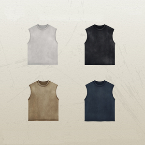 T-shirt sans manches rétro tendance américaine pour homme, AR715, bordure effilochée, teinture à la cire, délavé, déchiré, 100% coton - Product Image 5