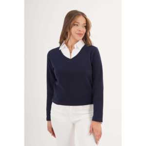 Blusa de Punto Azul Marino con Cuello Camisero, Estilo Clásico de Oficina, Top para Mujer - Product Image 3