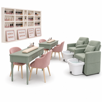 Ensemble de mobilier sur mesure vert sauge pour salon de manucure, vitrine de présentation pour spa de beauté, table de manucure, chaise de pédicure, aménagements de magasin