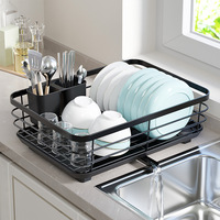 Support de rangement multifonctionnel en métal pour bols et assiettes, design moderne, à un seul niveau, noir, avec égouttoir et rangement pour baguettes