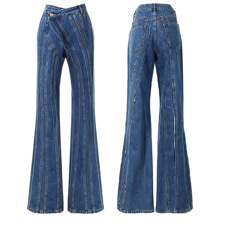 Vaque street casual Mid-waist flared pants slim ladies skinny washed blue denim jeans for women