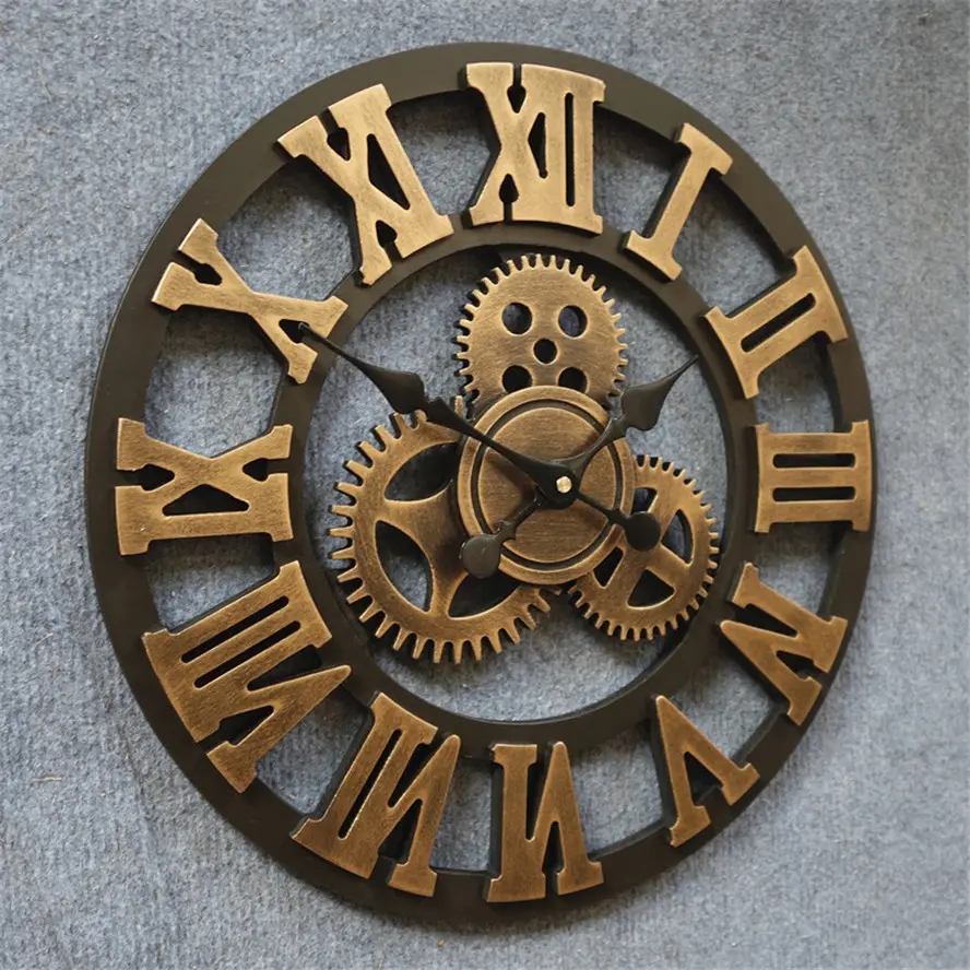 All Normal Size Vintage European Style Black and Gold Color Wooden Retro Gear Wall Clock