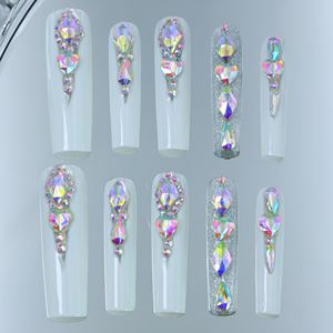 Faux ongles carrés en acrylique faits à la main, couvrance totale, forme cercueil, design rose avec strass, vente en gros - Product Image 3