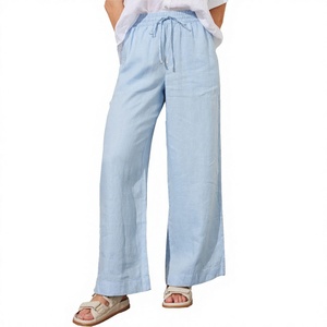 Women's Mid-Waist 100% <b>Linen</b> Eco-Friendly Ankle-Length Pants with Pleated Waist Wrap Summer Flat Front <b>Grey</b> Color - Product Image 4
