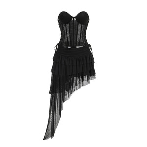 Elegante Abito da Sera Asimmetrico per Donna, Sexy Top in Rete <span class=keywords><strong>Nera</strong></span> e Gonna in <span class=keywords><strong>Tulle</strong></span> Asimmetrica, Set Due Pezzi - Product Image 3
