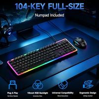 Clavier et souris filaires RGB OEM ODM avec rétroéclairage arc-en-ciel, 104 touches pleine taille avec pavé numérique, souris ergonomique haute précision 6400 DPI US