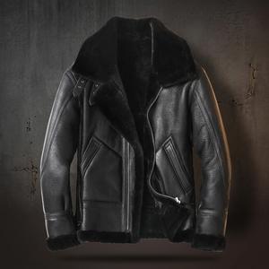 Men's Casual Genuine Leather Jacket with Patchwork Embroidery Fur Integrated Lapel Large Pockets Sherpa Lining Shearling Detail - Product Image 3