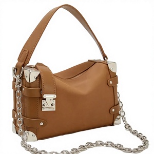 Crossbody Women's <b>Medium</b> Square PU <b>Handbag</b> Simple Unique Single Strap Metal Chain Zipper Polyester Lining Shoulder Bag - Product Image 2