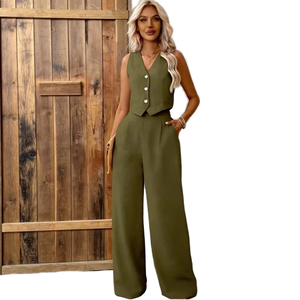 Women's Olive Green Sleeveless V-Neck <b>Blazer</b> Top With Button Detail And Wide Leg Pants Two Piece <b>Set</b> Casual Spring Summer Outfit - Product Image 1