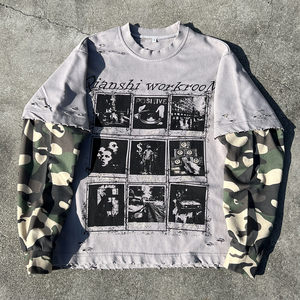 Camiseta Oversize con Estampado Desgastado, Camiseta Térmica de Camuflaje de Diseñador, Camiseta de Manga Larga de Doble Capa con Gráfico Personalizado para Hombre - Product Image 1