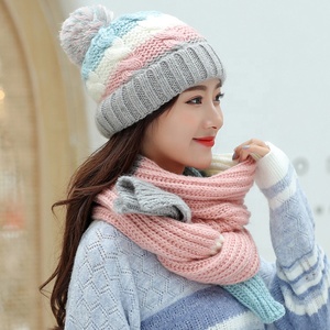 Ensemble <span class=keywords><strong>bonnet</strong></span> et écharpe en tricot chaud pour femmes, mode hiver, 100% acrylique, imitation <span class=keywords><strong>cachemire</strong></span>, <span class=keywords><strong>pompon</strong></span>, bonnets d'hiver - Product Image 4