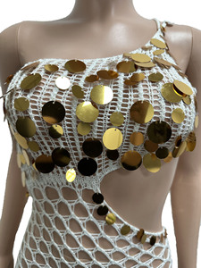 ZHEZHE Nuovo Abito Lungo Estivo Europeo Americano in Maglia Trasparente con Paillettes e Frange Asimmetriche, Sexy, da Club e da Spiaggia, Irregolare - Product Image 6