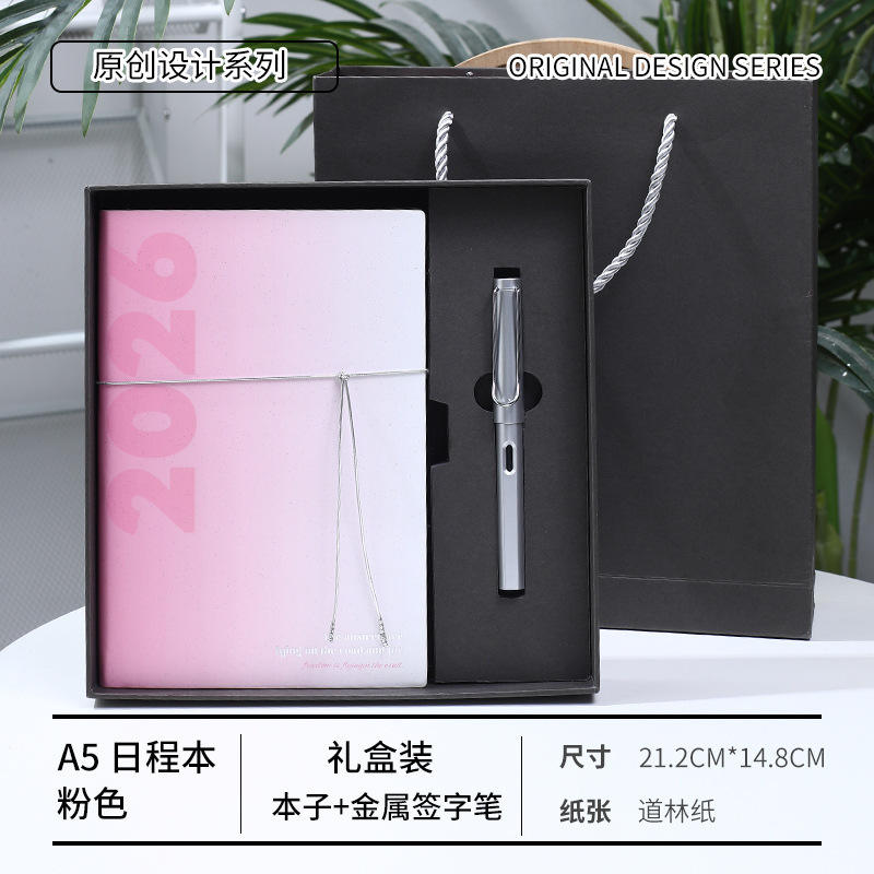 Caja de regalo diaria con bolígrafo de firma de metal rosa