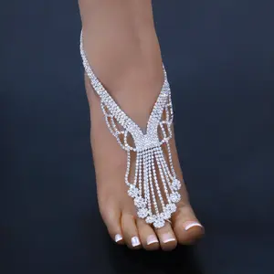 Novidade moda tendência venda quente strass irregulares diamante brilho franjas borla tornozeleiras com anel de dedo do pé