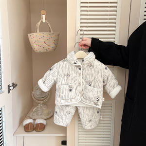 Completo Invernale Extra Spesso per Neonati, Carino <span class=keywords><strong>Pigiama</strong></span> Due Pezzi con Pantaloni Felpati e Stampati per Bambini e Bambine - Product Image 4