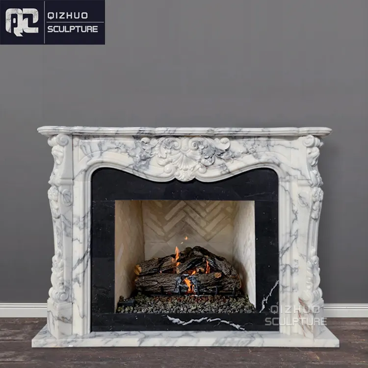 Dekorasi ukiran tangan gaya Perancis perapian marmer putih Interior Modern Surround Mantel