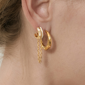Hoop Earrings Gold Chain Tassel Zircon Inlay Everyday Wear - Product Image 2