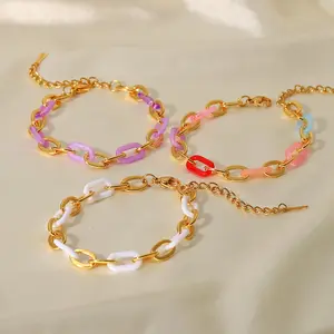 Mode Gelang Tangan 18K Emas Baja Nirkarat Gelang INS Trendy Wanita Sambatan Berwarna Resin Baja Titanium Gelang