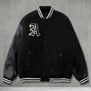 Men's Black Canvas Varsity <b>Jacket</b> <b>with</b> Embroidered Letter a Front Logo Regular Fit V-neck Casual Winter Wear <b>Fleece</b> <b>Lining</b> - Product Image 3