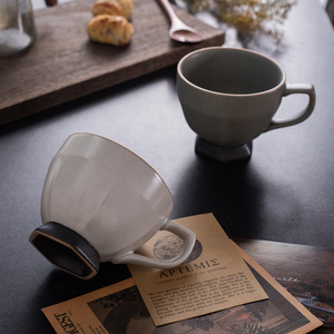 Ceramic Stemmed Coffee Mug Apricot Gray Solid Color With Handle Breakfast Cup - Product Image 2