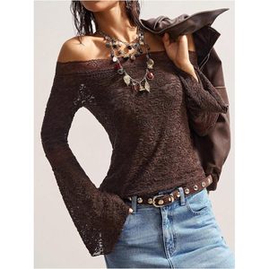 Women's Off The Shoulder Lace Mesh Blouse Bell Sleeve Sheer Fitted <b>Top</b> Boho Western Spring Crop <b>Top</b> - Product Image 3