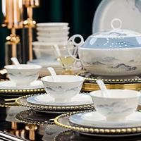 Service de table en porcelaine émaillée de luxe, motif paysage bleu encre avec rivières et montagnes, bord doré, compatible micro-ondes et lave-vaisselle