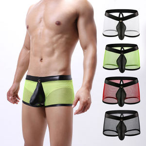 Tissu en maille extensible avec logo personnalisé pour garçons adolescents sexy, pantalon en cuir transparent en maille pour hommes, sous-vêtements boxer pour hommes - Product Image 3