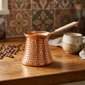 Cafetière turque en cuivre martelé moderne et audacieuse, avec poignée en bois, réutilisable, écologique, isolation thermique 0-6 heures - Product Image 3